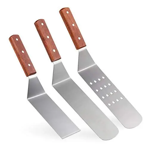 Produktbild: Relaxdays Grill Pfannenwender, Edelstahl, 3er Set, 2 Plancha Wender, 1 Grillspachtel, Profi Teppanyaki Zubehör, rotbraun, 3
