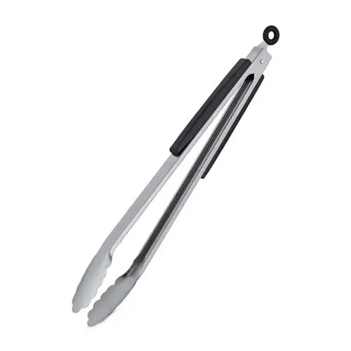 Produktbild: Relaxdays Grillzange, Edelstahl, Holzgriff, lange Kochzange für Grill & Küche, 38 cm, Bratzange mit Öse, silber/schwarz