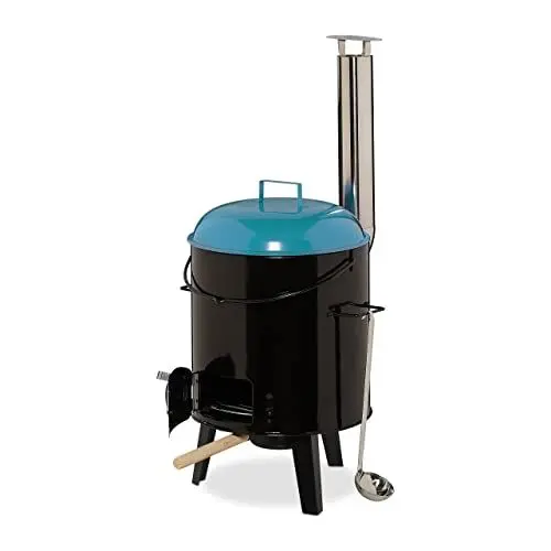 Produktbild: Relaxdays Gulaschkanone, emailliert, Gulaschkessel mit Deckel, 14 Liter, mit Grillrost, Outdoor Feldküche, schwarz/blau