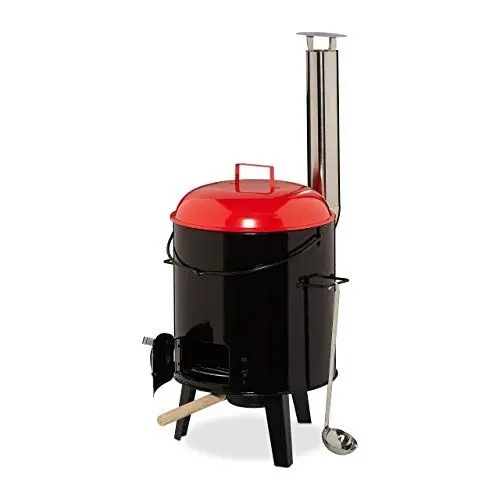 Produktbild: Relaxdays Gulaschkanone, emailliert, Gulaschkessel mit Deckel, 14 Liter, mit Grillrost, Outdoor Feldküche, schwarz/rot, 90 x 48 x 68 cm