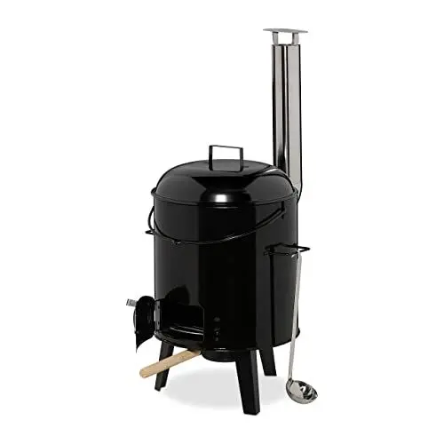 Produktbild: Relaxdays Gulaschkanone, emailliert, mit Deckel und Kelle, 14 Liter, Grillrost, Outdoor, HxBxT: 90 x 48 x 69 cm, schwarz