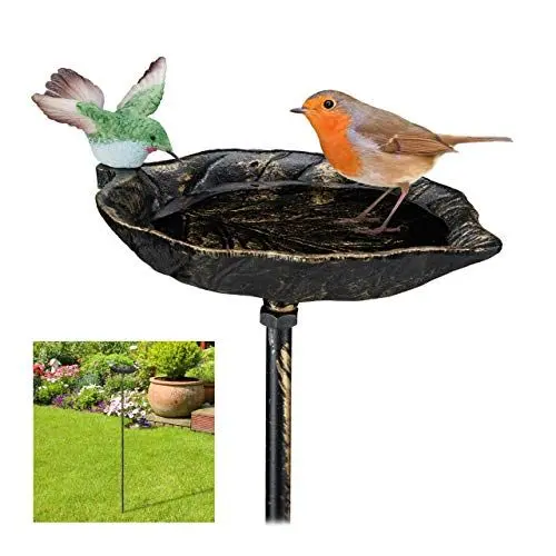 Produktbild: Relaxdays Gusseisen Vogeltränke zum Stecken, mit Erdspieß, Gartendeko, Vogelfutterstelle, Wasserschale 1m hoch, bronze