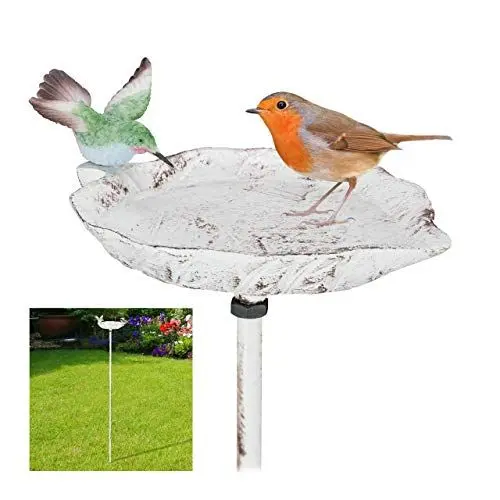 Produktbild: Relaxdays Gusseisen Vogeltränke zum Stecken, mit Erdspieß, Gartendeko, Vogelfutterstelle, Wasserschale 1m hoch, weiß