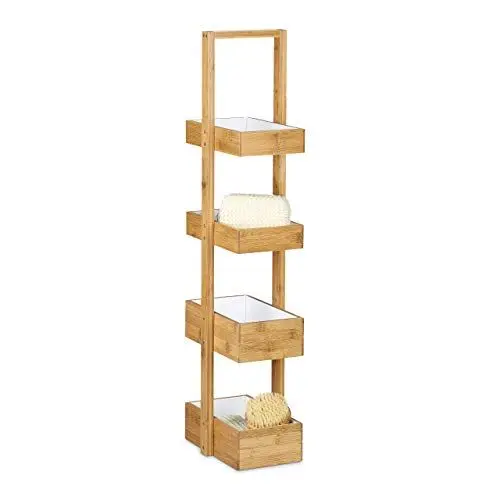 Produktbild: Relaxdays HBT 88,5 x 25,5 x 18,5 cm Praktisches Badezimmerregal als Ablageständer mit 4 Körben Butler Korbregal aus natürlichem Holz für Badezimmer und Feuchträume, Natur Bambus Badregal