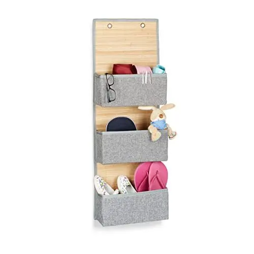 Produktbild: Relaxdays Hängeaufbewahrung Bad und Flur, 3 Fächer Türgarderobe 94 x 33 x 12 cm H x B x T, Bambus und Stoff, grau