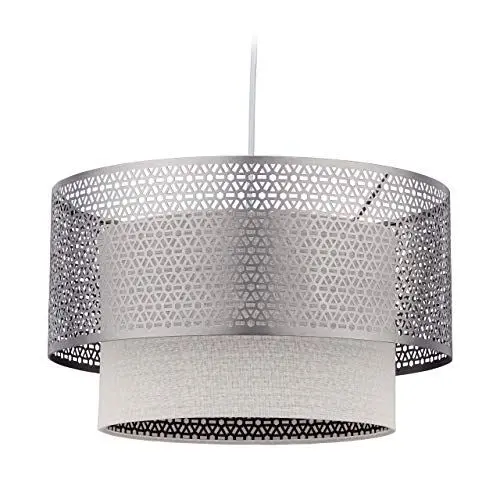 Produktbild: Relaxdays Hängelampe, 1-flammige Esstischlampe, runde Lampenschirme, E27 Pendellampe, Eisen & Leinen, 40,5 cm Ø, silber