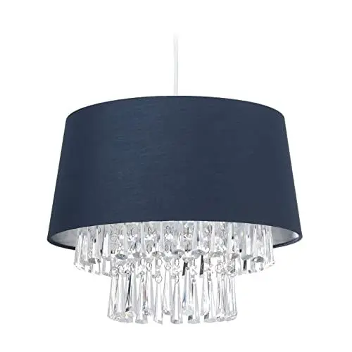 Produktbild: Relaxdays Hängelampe, runder Stoffschirm, mit Kristallen, E27-Fassung, HxD: 130 x 32, elegante Pendelleuchte, dunkelblau