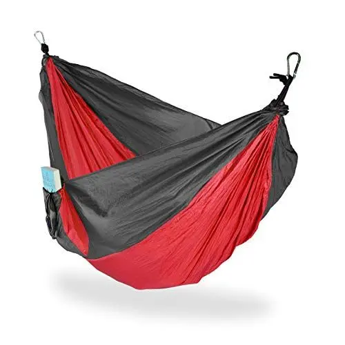 Produktbild: Relaxdays Hängematte Outdoor, Reisehängematte für 2 Personen, Ultraleicht, Camping, bis 200 kg, BT: 152x255 cm, rot-grau