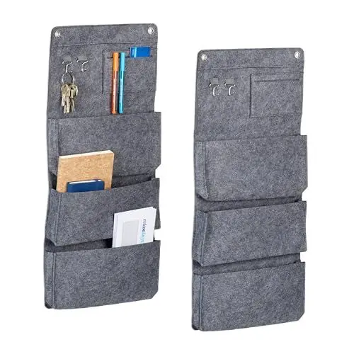 Produktbild: Relaxdays Hängeorganizer, 2er Set, 4 Fächer, 2 Haken, HxB: 65 x 30 cm, Bad, Flur, Büro, Organizer zum Hängen, Filz, grau