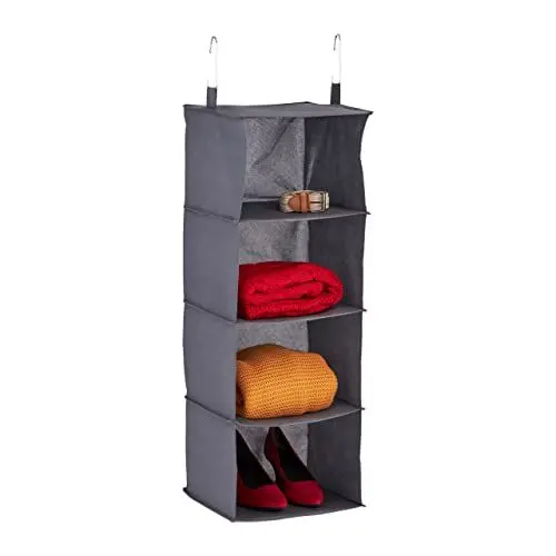 Produktbild: Relaxdays Hängeregal Kleiderschrank, 4 Fächer, Stoff, HBT: 97 x 30 x 30 cm, 2 Haken, Kleideraufbewahrung hängend, grau