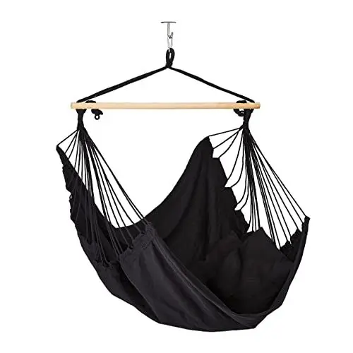 Produktbild: Relaxdays Hängesessel Baumwolle, Hängeschaukel mit 2 Kissen, bis 120 kg, Indoor & Outdoor, Kinder & Erwachsene, schwarz