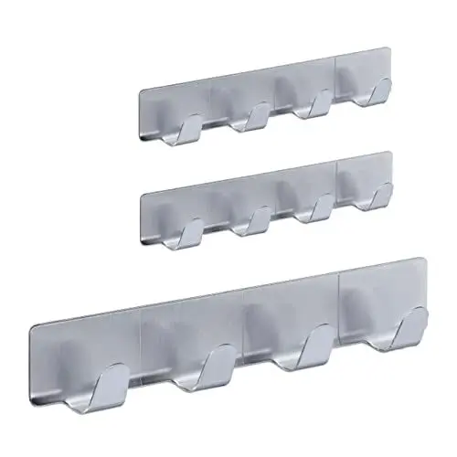 Produktbild: Relaxdays Hakenleiste selbstklebend, 3er Set, je 4 Handtuchhaken, Edelstahl, Bad & Küche, 16 cm, Schlüsselhaken, Silber