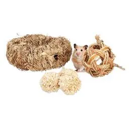 Produktbild: Relaxdays Hamster Zubehör Set 5 TLG., Grasröhre & 4 Bälle, Käfigzubehör Nager, Mäuse, Hamsterspielzeug Stroh/Gras, Natur