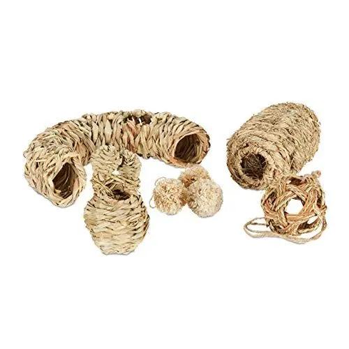 Produktbild: Relaxdays Hamster Zubehör Set, 7 TLG., Grasnest, Grasröhre, Hamstertunnel & Bälle, Käfigzubehör Nager, Mäuse, Natur