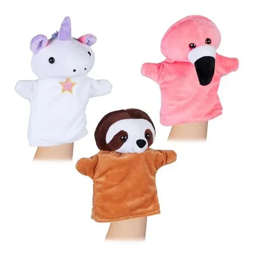 Produktbild: Relaxdays Handpuppen für Kinder, 3er Set Tiere, Einhorn, Faultier, Flamingo, Handspielpuppen, weicher Plüschstoff, bunt