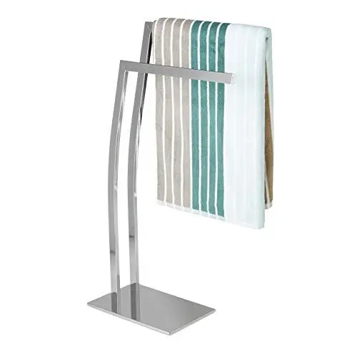 Produktbild: Relaxdays Handtuchhalter WIMEDO eckig H x B x T: ca. 84 x 32 x 20 cm freistehender Handtuchständer mit 2 Handtuchstangen und einem eckigen Standfuß als dekoratives Badaccessoire aus Edelstahl, silber