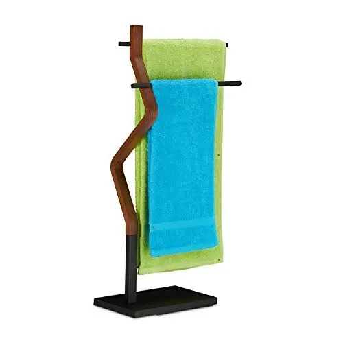 Produktbild: Relaxdays Handtuchhalter stehend, Handtuchständer, 2 Stangen, für Hand- & Geschirrtücher, Holz & Metall, schwarz/braun, 1 Stück