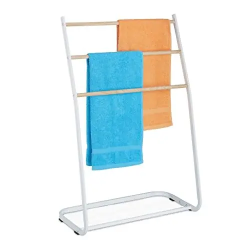 Produktbild: Relaxdays Handtuchhalter stehend, Metall, 3 Sprossen in Holzoptik, Handtücher & Kleidung, HxBxT: 87 x 58 x 29,5 cm, weiß