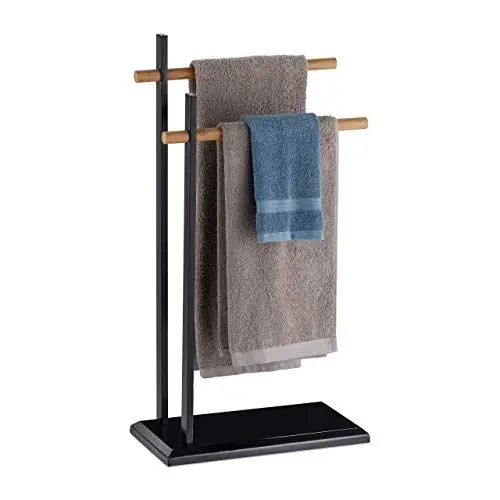 Produktbild: Relaxdays Handtuchhalter zweiarmig, Bambus Handtuchstangen, Handtuchständer, Metall, HBT 85,5x45x22,5 cm, schwarz/natur