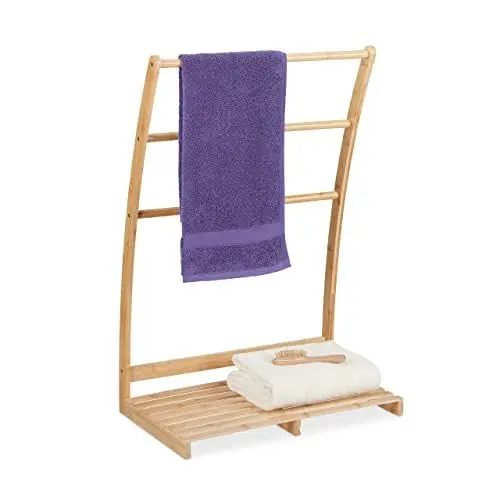 Produktbild: Relaxdays Handtuchständer Bambus, 3 Stangen & Ablage, HxBxT: 85,5 x 57 x 35 cm, freistehend, Duschtuchhalter Bad, Natur