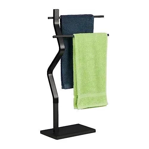 Produktbild: Relaxdays Handtuchständer geknicktes Design, 2 Metallstangen, HxBxT: 85 x 43,5 x 20 cm, Badständer, Stahl & MDF, schwarz, 50 50% Faserplatte