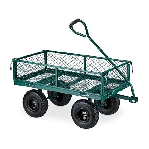 Produktbild: Relaxdays Handwagen, praktischer Bollerwagen für den Garten, mit Luftbereifung, klappbare Seitenteile, bis 200 kg, grün
