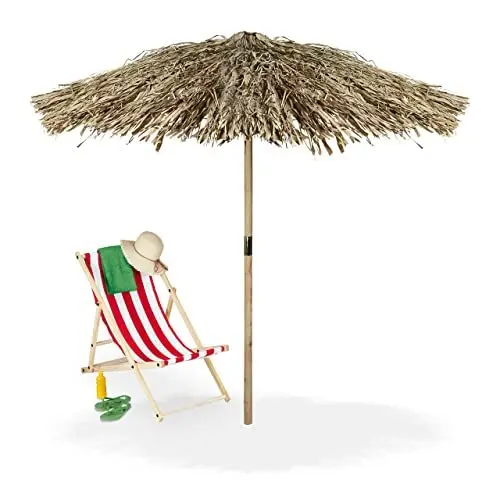 Produktbild: Relaxdays Hawaii Sonnenschirm, handgefertigt, Strandschirm, Tannenholz & Palmenblatt, wetterbeständig, Größenwahl, Natur
