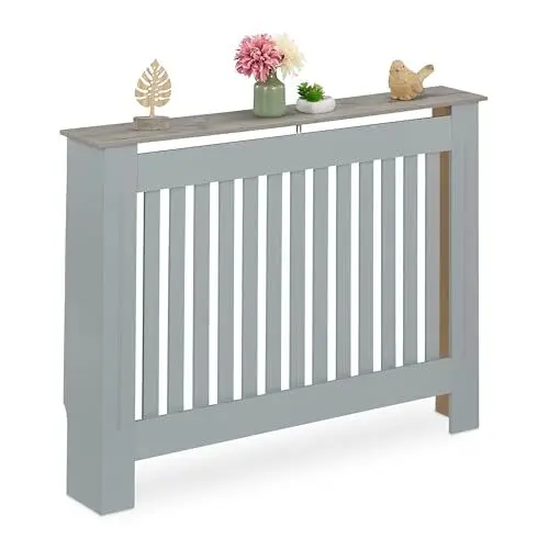 Produktbild: Relaxdays Heizkörperverkleidung, Lamellen, HBT 83x112x19 cm, für alte Heizkörper, Heizungsabdeckung mit Regal, MDF, grau