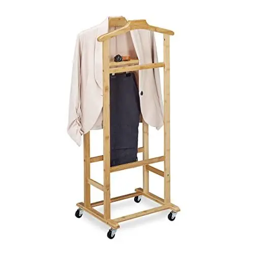 Produktbild: Relaxdays Herrendiener auf Rollen, Stummer Diener aus Bambus, Kleiderablage Schlafzimmer, HBT: 107 x 47 x 37 cm, natur