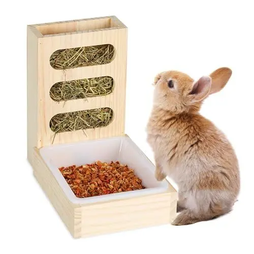 Produktbild: Relaxdays Heuraufe, mit Futterschale, Futterraufe für Kaninchen & Meerschweinchen, Heuspender zum Einhängen, Holz, Natur, 1 Stück
