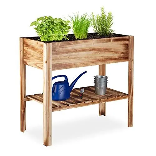 Produktbild: Relaxdays Hochbeet Holz, Ablagefach, Pflanzkasten Balkon, Terrasse, Garten, Kräuterbeet, HBT 80 x 88 x 43,5 cm, geflammt, Beige