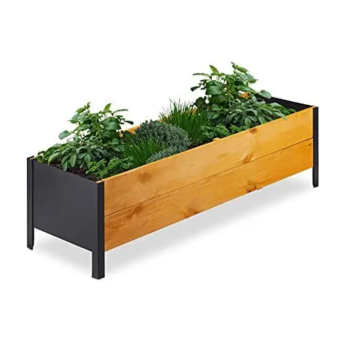 Produktbild: Relaxdays Hochbeet inkl. Vlies, HBT: 32,5x118x35 cm, Holz Kräuterbeet für Terrasse, Balkon & Garten, rechteckig, Natur, 10036905, Hellbraun, Schwarz