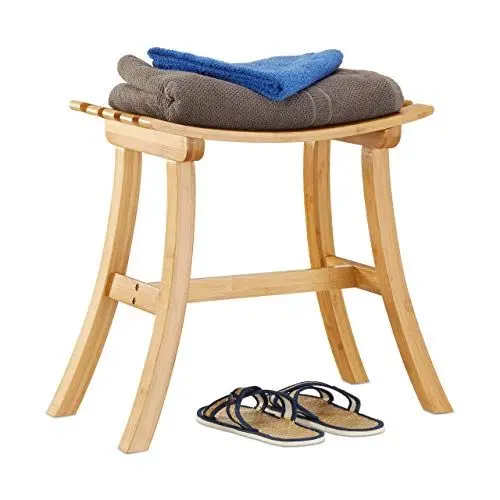 Produktbild: Relaxdays Hocker aus Bambus, elegant geschwungener Sitzhocker f. Garderobe, Holzhocker HxBxT: 48 x 56 x 28,5 cm, natur