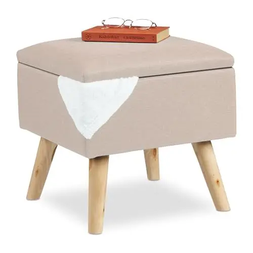 Produktbild: Relaxdays Hocker mit Stauraum, Kunstleinen-Bezug, gepolstert, Holzbeine, Fußhocker mit Deckel, HBT 40x40x40 cm, beige, 10029605_127