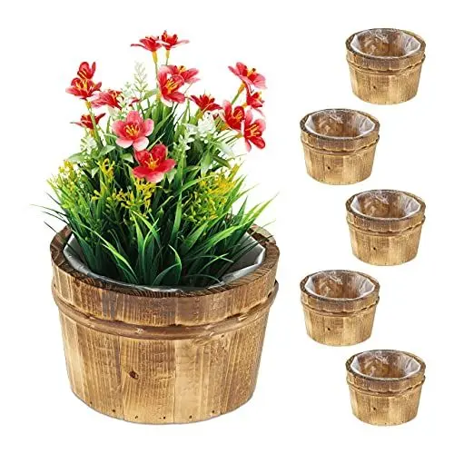 Produktbild: Relaxdays Holz Blumentopf, 6er Set, Garten Deko zum Bepflanzen, Balkon und Fensterbank, HxD: 10 x 16 cm, Übertopf, Natur