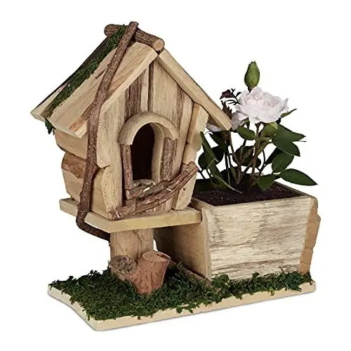 Produktbild: Relaxdays Holz Pflanzgefäß, mit Deko Vogelhaus, Rinde & Moos, eckiger Übertopf, Fensterbank, innen & außen, Natur/grün