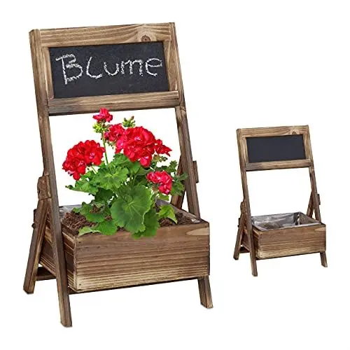 Produktbild: Relaxdays Holz Übertopf 2er Set, Blumentopf mit Folie, HBT: 35,5 x 21 x 17 cm, außen & innen, Holzdeko mit Tafel, braun