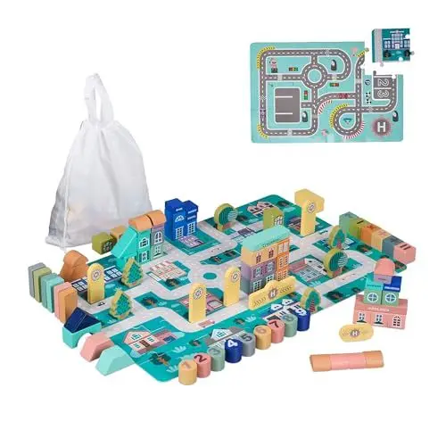 Produktbild: Relaxdays Holzbausteine Stadt, 113 Bauklötze, Puzzlematte, mit Gebäuden, Rennstrecke, Zahlen, Bausteine ab 3 Jahre, bunt