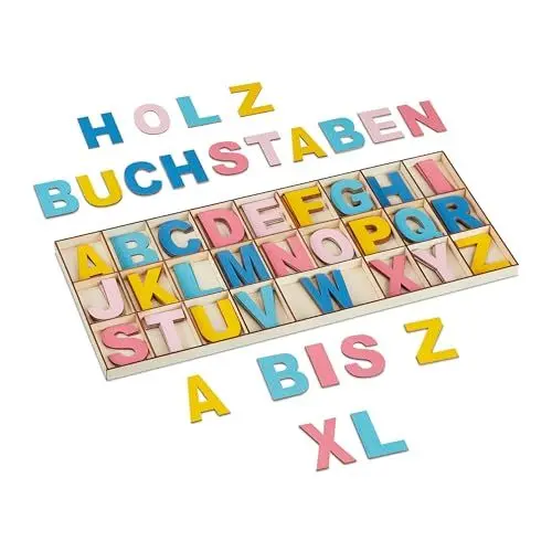 Produktbild: Relaxdays Holzbuchstaben Set, 104-teilig, Großbuchstaben A-Z, 5 cm hoch, XL Buchstaben zum Basteln, Deko Alphabet, bunt
