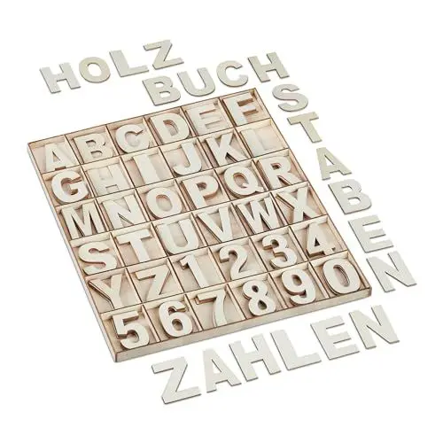 Produktbild: Relaxdays Holzbuchstaben & Holzzahlen, 144-tlg. Set, Großbuchstaben A-Z, Zahlen 0-9, 5 cm, Holzdeko zum Basteln, Natur