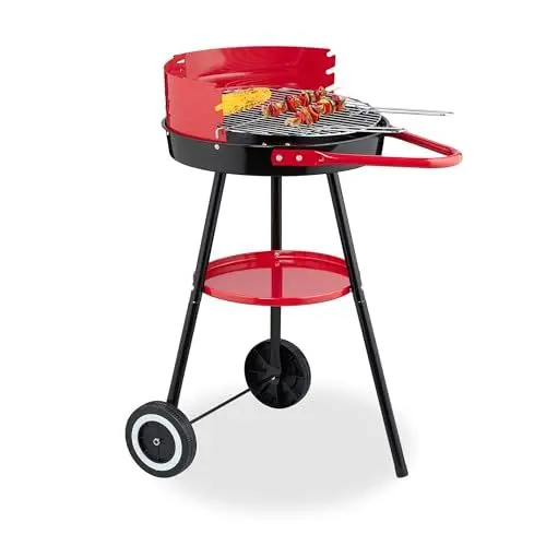 Produktbild: Relaxdays Holzkohlegrill mit Rollen, Ø 42 cm, Picknickgrill Garten & Park, Griller, Windschutz, Rundgrill, schwarz/rot