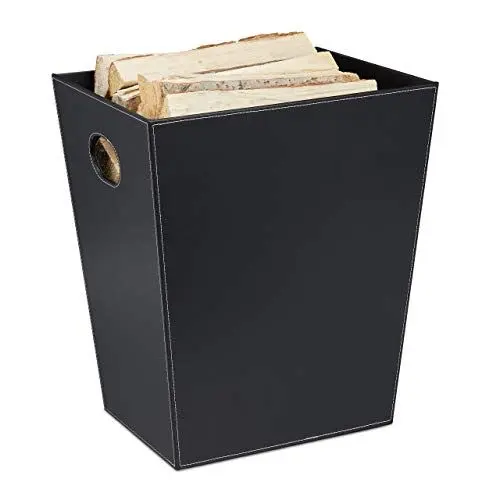 Produktbild: Relaxdays Holzkorb für Kaminholz, Kaminholzkorb aus Kunstleder, zum Tragen & Aufbewahren, Kaminkorb mit Griffen, schwarz