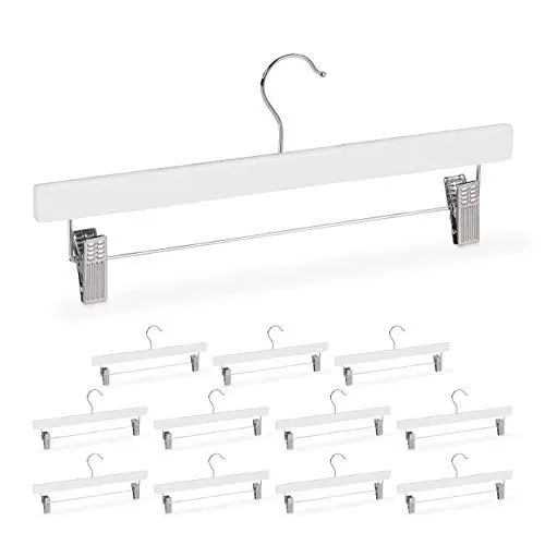 Produktbild: Relaxdays Hosenbügel Holz, 12 Stück, verstellbare & gummierte Clips, 360° drehbarer Haken, Rockbügel, 35,5cm breit, weiß