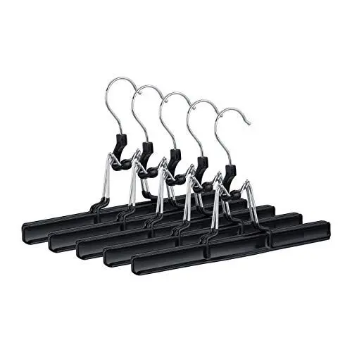 Produktbild: Relaxdays Hosenbügel Metall 5er Set, 360° drehbarer Haken, fest schließend, Rockbügel, gummierte Klemmen, 26cm, schwarz