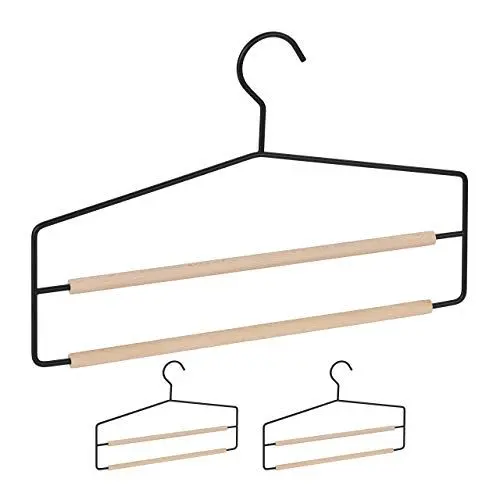 Produktbild: Relaxdays Hosenbügel im 3er Set, platzsparend & mehrfach, für Hosen & Jeans, rutschfest, Holz & Metall, schwarz/Natur, 3 Stück, 3