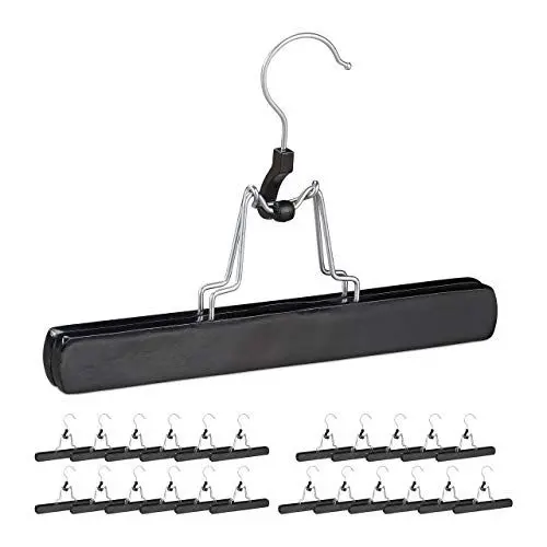 Produktbild: Relaxdays Hosenspanner Holz, 12 Stück, 360° drehbarer Haken, Filzschutz, HBT 17 x 25 x 2,3cm, Kleiderbügel Hose, schwarz