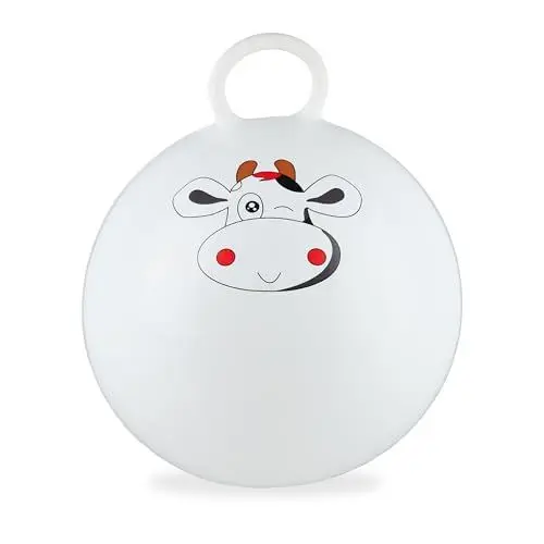 Produktbild: Relaxdays Hüpfball für Kinder, Kuh-Motiv, Hopseball mit Griff, Ø 45 cm, drinnen & draußen, Sprungball bis 150 kg, weiß