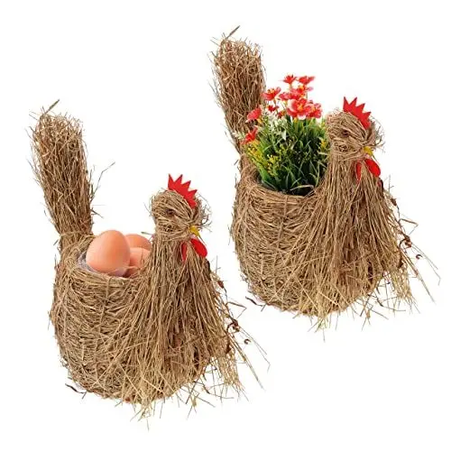 Produktbild: Relaxdays Huhn Blumentopf, 2er Set, Strohfigur zum Bepflanzen, handgefertigt, Eierkorb, Deko Henne für innen, Natur