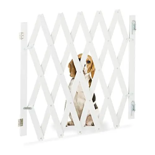 Produktbild: Relaxdays Hundeabsperrgitter ausziehbar bis 126 cm, 70-82 cm hoch, Bambus, Hunde Schutzgitter, für Treppe & Tür, weiß
