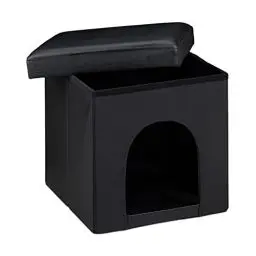 Produktbild: Relaxdays Hundebox Sitzhocker HBT 38 x 38 x 38 cm Stabiler Sitzcube mit praktischer Tierhöhle für Hunde und Katze aus hochwertigem Kunstleder und Deckel zum Abnehmen für Ihren Wohnraum, schwarz, Faltbarer Sitzhocker Hundehütte, Faltbarer Sitzhocker Hundehütte